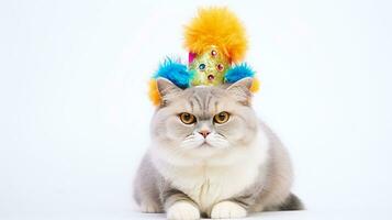 ai generato grigio gatto indossare un' scintillante clown cappello con arcobaleno piume, guardare indifferente, ideale per umoristico compleanno inviti e strambo animale domestico abbigliamento disegni foto