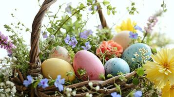 ai generato colorato Pasqua uova annidato nel un' rustico cestino con vivace primavera fiori e verde, ideale per festivo vacanza sfondi e saluto carte. foto