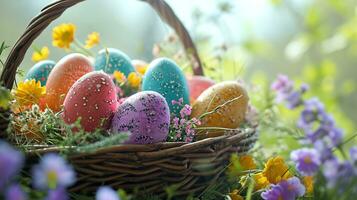 ai generato vivace Pasqua cestino con colorato uova e primavera fiori, Perfetto per vacanza sfondi e saluto carte. foto