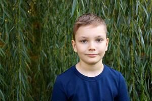 ritratto di un' 9 anno vecchio biondo ragazzo nel un autunno parco. bello caucasico ragazzo con grande occhi sembra in il telecamera. foto