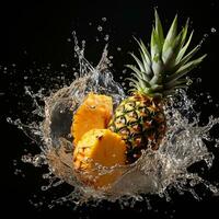 ai generato ananas abbattere in il acqua con spruzzi nero sfondo foto