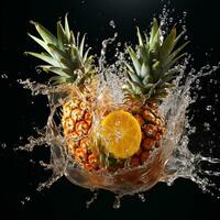 ai generato ananas abbattere in il acqua con spruzzi nero sfondo foto