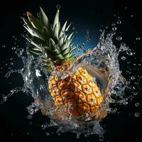 ai generato ananas abbattere in il acqua con spruzzi nero sfondo foto