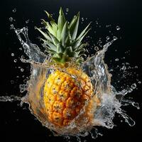 ai generato ananas abbattere in il acqua con spruzzi nero sfondo foto