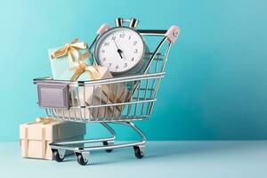 shopping carrello con Nota libro carta, orologio, regalo scatola, su pastello blu background.generative ai. foto