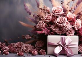 ai generato romantico Immagine di un' regalo e secco Rose per invito carta o altro usi. San Valentino giorno foto