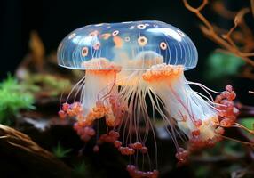 ai generato colorato Medusa nel il oceano. subacqueo vita. foto
