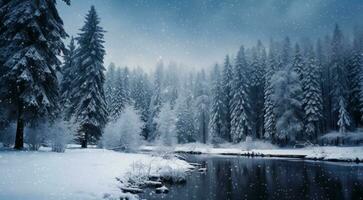 ai generato inverno Visualizza con alberi e neve, inverno scena nel inverno, nevoso strada, neve nel all'aperto, inverno condire foto
