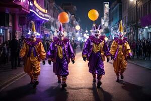 ai generato un' gruppo di pagliacci a piedi giù un' strada a notte foto