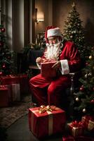 ai generato capelli stile strada moda besanta Claus è apertura un' regalo Borsa Il prossimo per un' Natale albero foto