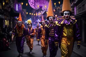 ai generato un' gruppo di pagliacci a piedi giù un' strada a notte foto