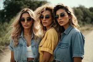 ai generato moda donne amici indossare occhiali da sole nel estate jeanswear foto