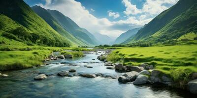 ai generato del fiume sentiero attraverso lussureggiante verde montagna scenario foto