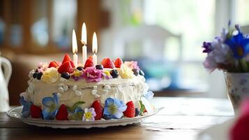 fatti in casa compleanno torta nel il inglese campagna Casa, Villetta cucina cibo e vacanza cottura al forno ricetta foto