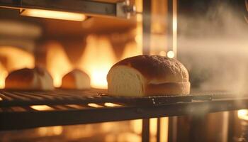 ai generato forno nel il mattina, caldo fresco pane e Pasticcino cottura al forno nel il vecchio cittadina forno, appena al forno prodotti su scaffali e il forno, piccolo Locale attività commerciale e cibo produzione. generativo ai foto