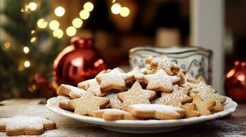 ai generato Natale biscotti, vacanza biscotto ricetta e casa cottura al forno, dolce dolce per accogliente inverno inglese nazione tè nel il villetta, fatti in casa cibo e cucinando foto