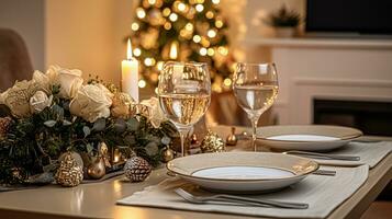 ai generato festivo Data notte tablescape idea, cena tavolo ambientazione per Due e Natale, nuovo anno, san valentino giorno arredamento, inglese nazione casa messa in piega foto