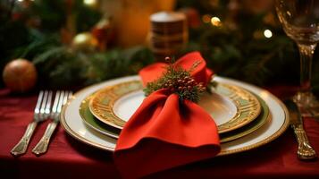 ai generato tavolo arredamento, vacanza tablescape e formale cena tavolo ambientazione per Natale, vacanze e evento celebrazione, inglese nazione decorazione e casa messa in piega foto