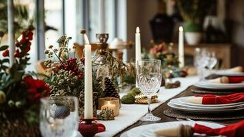 ai generato tavolo arredamento, vacanza tablescape e formale cena tavolo ambientazione per Natale, vacanze e evento celebrazione, inglese nazione decorazione e casa messa in piega foto