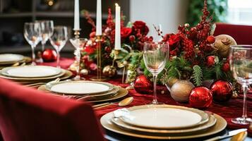 ai generato Natale tavolo arredamento, vacanza tablescape e cena tavolo ambientazione, formale evento decorazione per nuovo anno, famiglia celebrazione, inglese nazione e casa messa in piega foto