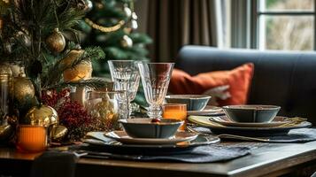 ai generato Natale vacanza famiglia colazione, tavolo ambientazione arredamento e festivo tavolozza, inglese nazione e casa messa in piega foto