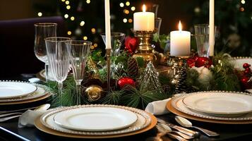 ai generato tavolo arredamento, vacanza tablescape e formale cena tavolo ambientazione per Natale, vacanze e evento celebrazione, inglese nazione decorazione e casa messa in piega foto