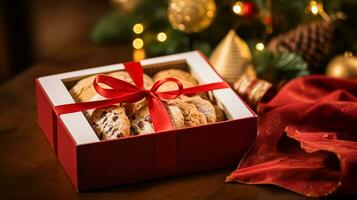 ai generato Natale biscotti, vacanza biscotto regalo scatola e casa cuoce, inverno vacanze presente per inglese nazione tè nel il villetta, fatti in casa biscotto al burro-scozzese e cottura al forno ricetta foto