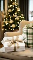 ai generato Natale regalo impostare, lenzuolo, asciugamano e casa arredamento tessile come vacanza presente per inglese campagna Villetta foto