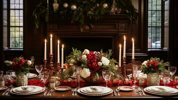 ai generato Natale a il maniero, vacanza tablescape e cena tavolo ambientazione, inglese campagna decorazione e interno arredamento foto