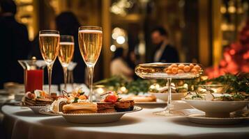 Natale vacanze e nuovo anno celebrazione, cena tavolo e ospiti a un' lusso inglese styled ristorante o Hotel, Natale albero decorazione, vacanza festa e evento invito foto