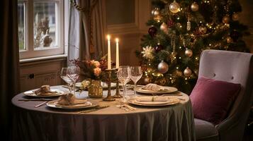 ai generato tavolo arredamento per festivo famiglia cena a casa, vacanza tablescape e tavolo ambientazione, formale per nozze, celebrazione, inglese nazione e casa messa in piega foto