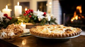 ai generato Natale torta, vacanza ricetta e casa cottura al forno, pasto per accogliente inverno inglese nazione cena nel il villetta, fatti in casa cibo e Britannico cucina foto