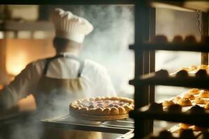 ai generato panettiere cottura al forno fresco pane e Pasticcino nel il vecchio cittadina forno nel il mattina, caldo appena al forno prodotti su scaffali e il forno, piccolo Locale attività commerciale e cibo produzione. generativo ai foto