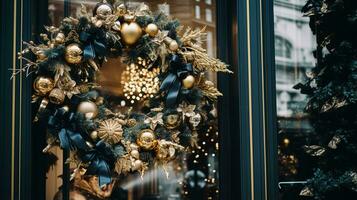 ai generato Natale decorazione dettagli su inglese styled lusso alto strada città memorizzare porta o shopping finestra Schermo, vacanza vendita e negozio arredamento foto