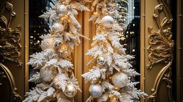 ai generato Natale decorazione dettagli su inglese styled lusso alto strada città memorizzare porta o shopping finestra Schermo, vacanza vendita e negozio arredamento foto