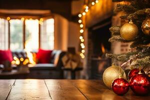 ai generato Natale, vacanza arredamento e nazione Villetta stile, accogliente atmosfera, decorato Natale albero nel il inglese campagna Casa vivente camera con il camino, interno decorazione foto