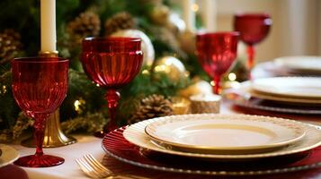ai generato vacanza tavolo arredamento, Natale vacanze celebrazione, tablescape e cena tavolo ambientazione, inglese nazione decorazione e casa messa in piega foto