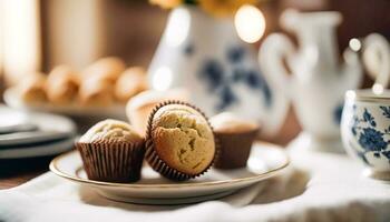 ai generato fatti in casa torte, muffin servito per tè. generativo ai foto