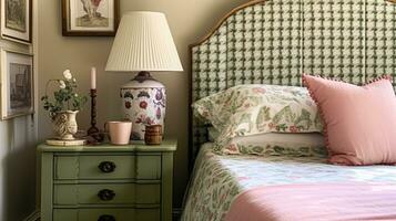 ai generato inglese Villetta Camera da letto interno con rosa e saggio verde arredamento foto