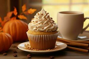 ai generato zucca Spezia latte macchiato Cupcake ricetta carta con foto