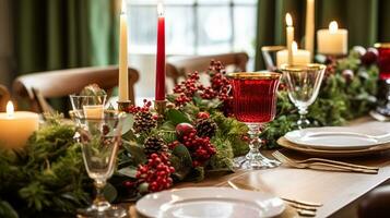 ai generato Natale tavolo arredamento, vacanza tablescape e cena tavolo ambientazione, formale evento decorazione per nuovo anno, famiglia celebrazione, inglese nazione e casa messa in piega foto