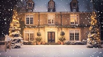 ai generato Natale nel il campagna maniero, inglese nazione Casa dimora decorato per vacanze su un' nevoso inverno sera con neve e vacanza luci, allegro Natale e contento vacanze foto