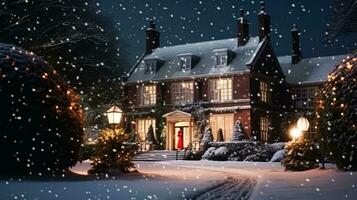 ai generato Natale nel il campagna maniero, inglese nazione Casa dimora decorato per vacanze su un' nevoso inverno sera con neve e vacanza luci, allegro Natale e contento vacanze foto