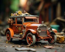 ai generato Vintage ▾ giocattolo auto su il vecchio di legno pavimento. selettivo messa a fuoco. foto
