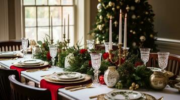 ai generato Natale a il maniero, vacanza tablescape e cena tavolo ambientazione, inglese campagna decorazione e interno arredamento foto