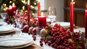 ai generato tavolo arredamento, vacanza tablescape e formale cena tavolo ambientazione per Natale, vacanze e evento celebrazione, inglese nazione decorazione e casa messa in piega foto