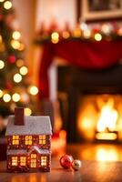 ai generato Natale giocattolo villetta, vacanza volta, nazione stile arredamento e accogliente atmosfera nel il inglese campagna Casa con Natale albero e camino su sfondo, inverno vacanze foto