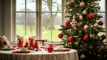 ai generato Natale vacanza famiglia colazione, tavolo ambientazione arredamento e festivo tavolozza, inglese nazione e casa messa in piega foto