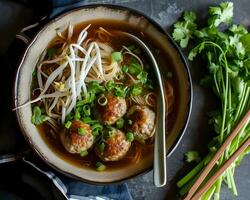 ai generato vietnamita spaghetto la minestra con Polpette e coriandolo foto