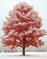 ai generato rosso albero nel un' nevoso foresta, avvicinamento di foto con morbido messa a fuoco